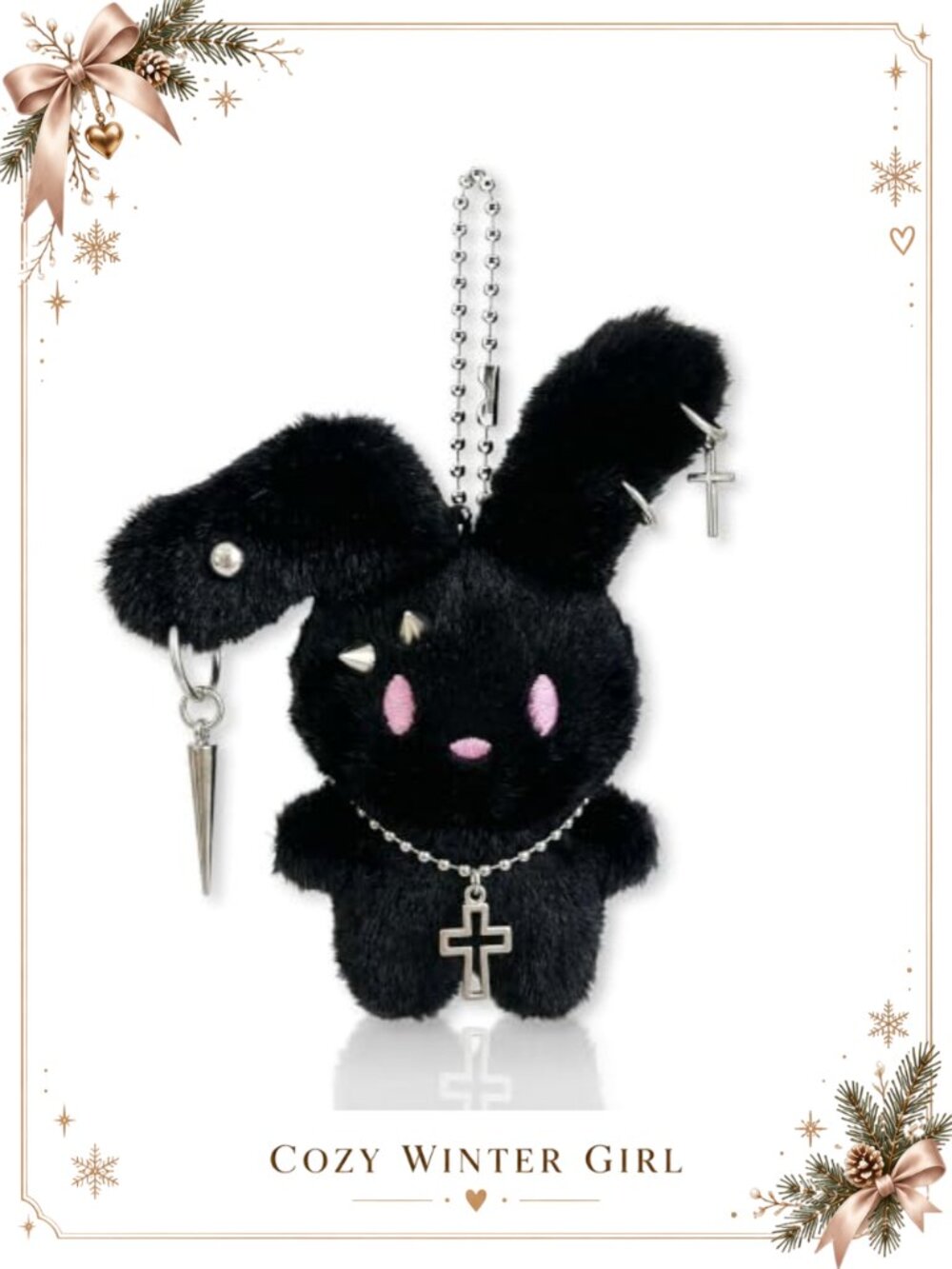 Gothic Punk Bunny Plush Keychain Emo Rabbit Bag Charm Cross Spike Star